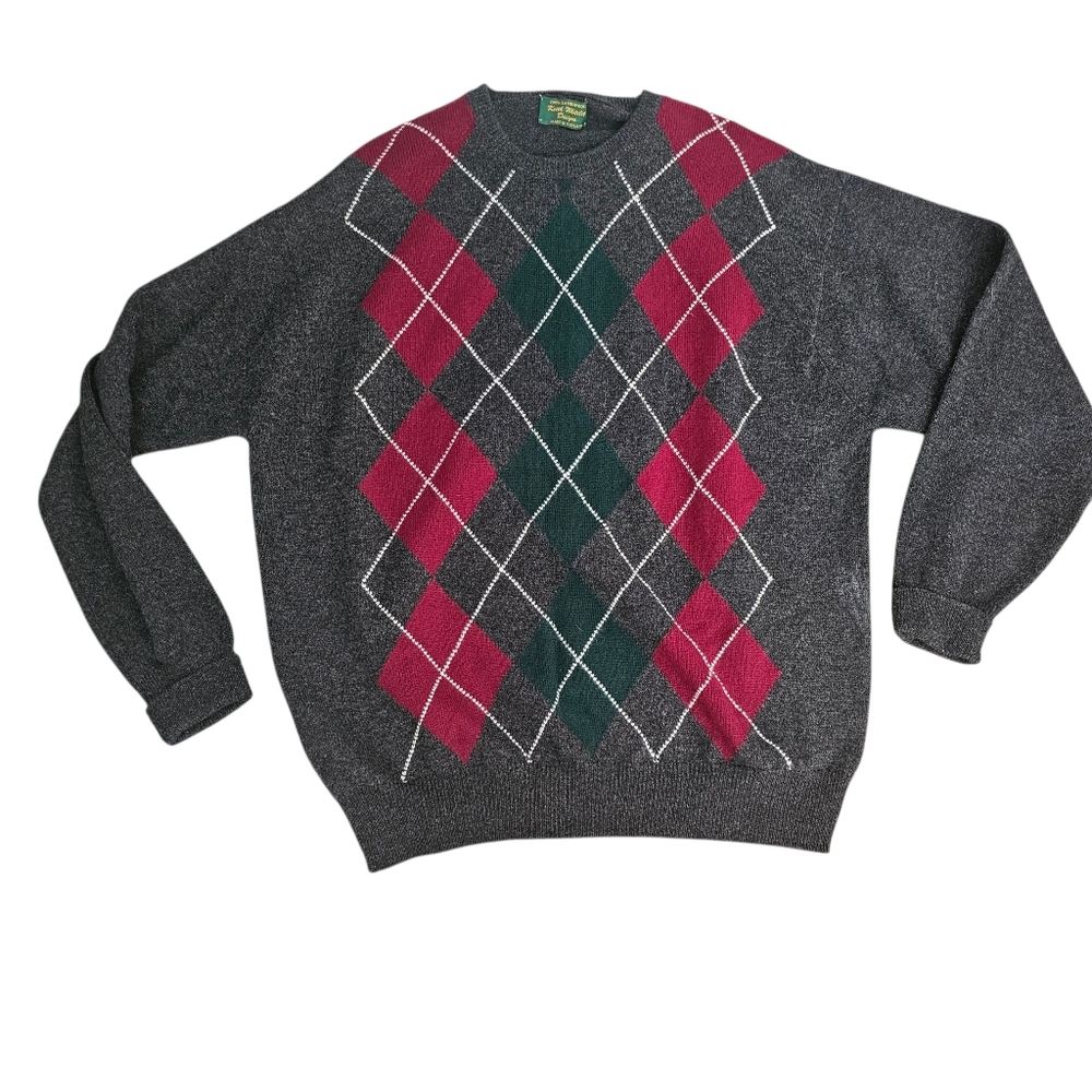 Argyle Sweater‎ Mens L Red White Diamond Pattern Long Sleeve Pullover Lambswool